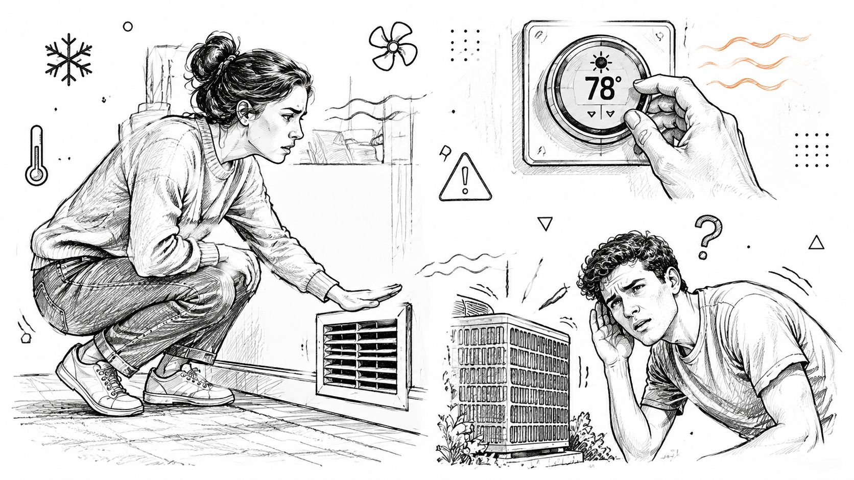 A black and white line drawing of a couple struggling with their home air conditioning system issues.