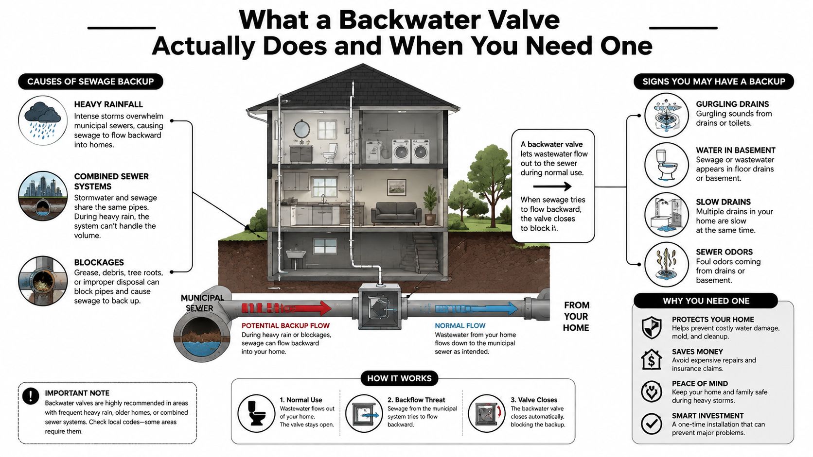 An infographic showing how a backwater valve prevents sewage from backing up into homes during flooding.