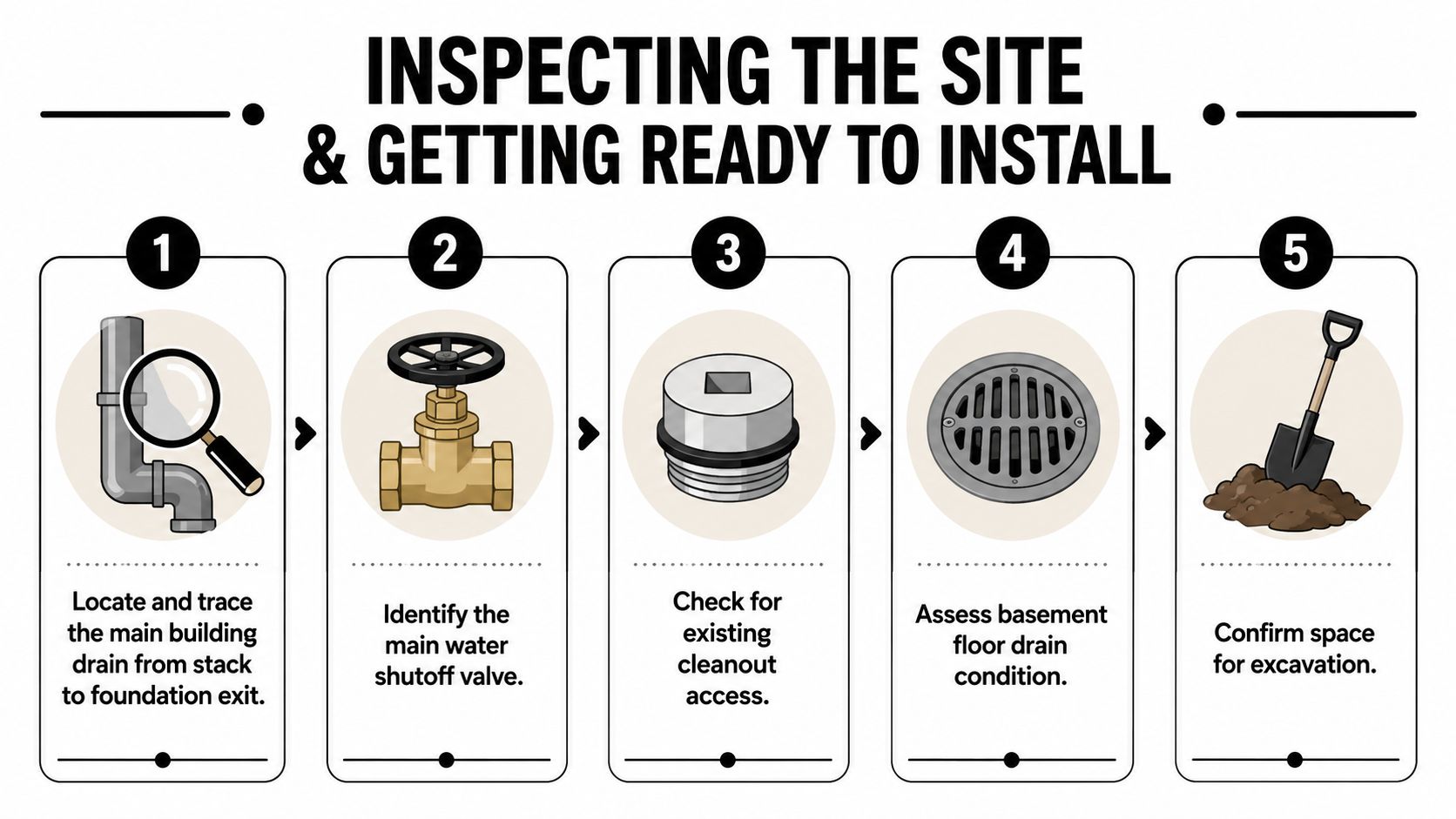 A step-by-step infographic illustrating site preparation procedures for installing a backwater valve in a basement.