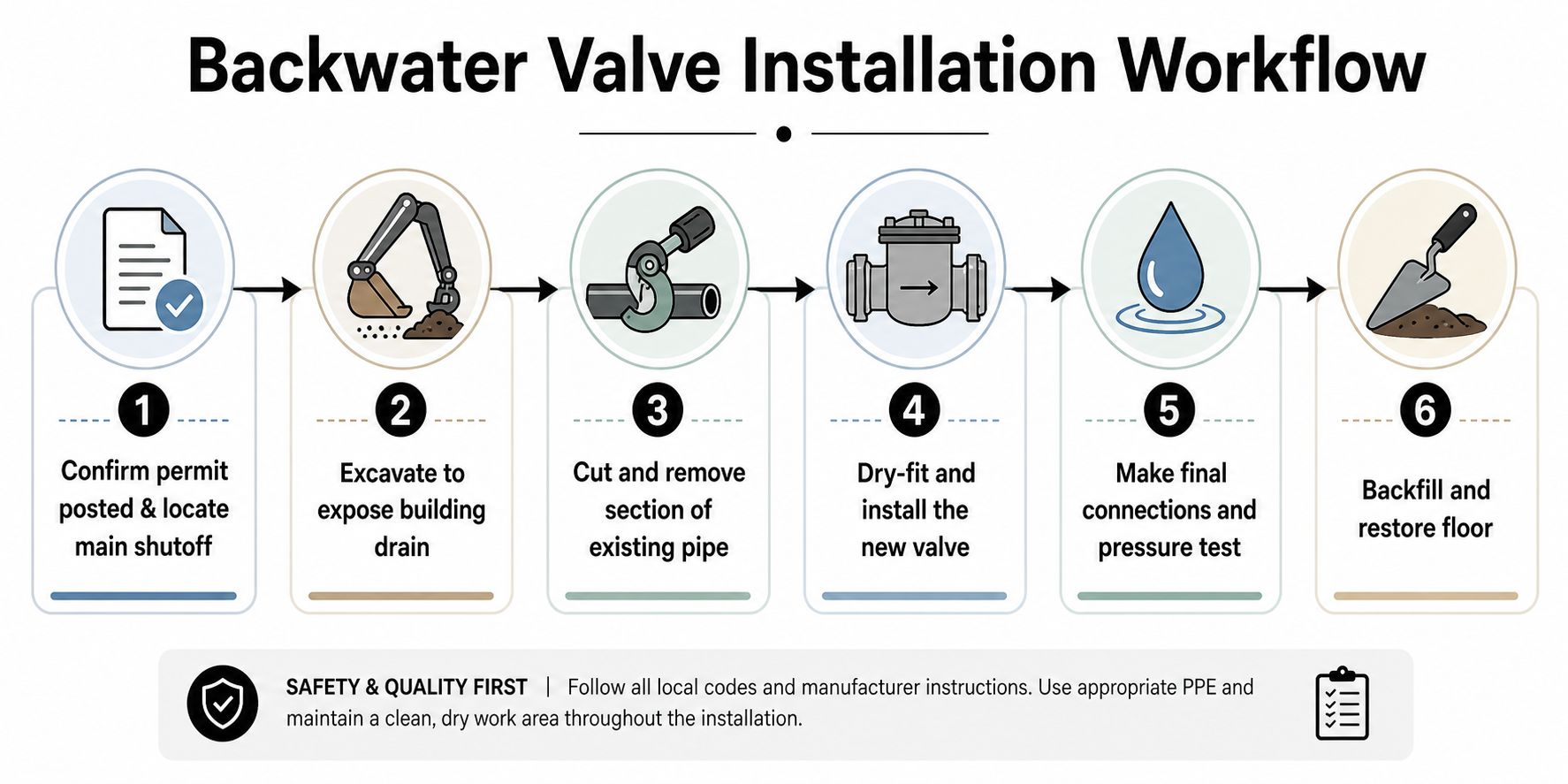 A step-by-step infographic illustrating the six-stage professional workflow for installing a building backwater valve.