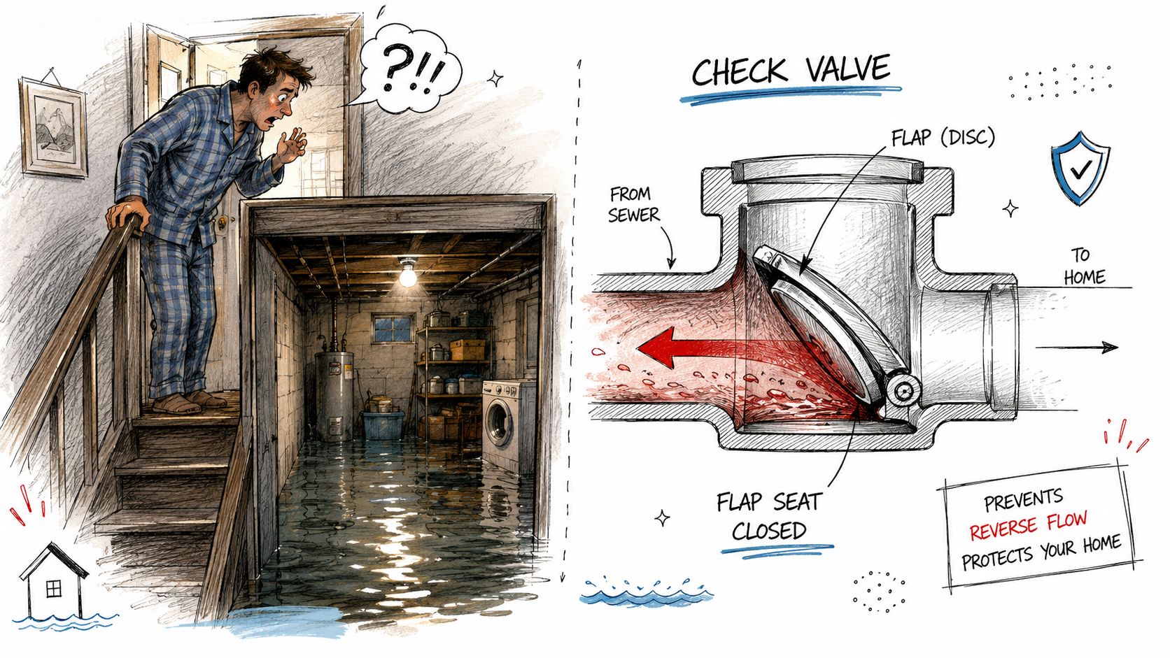 A split image showing a flooded basement with a surprised homeowner and a diagram of a check valve.