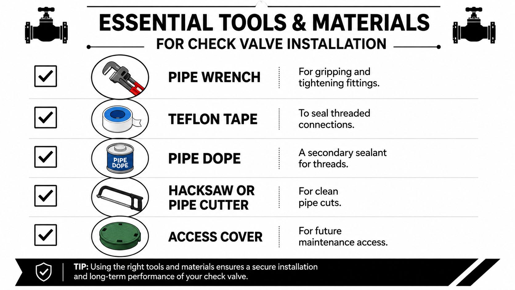 A checklist infographic displaying essential tools and materials required for professional check valve installation and maintenance.