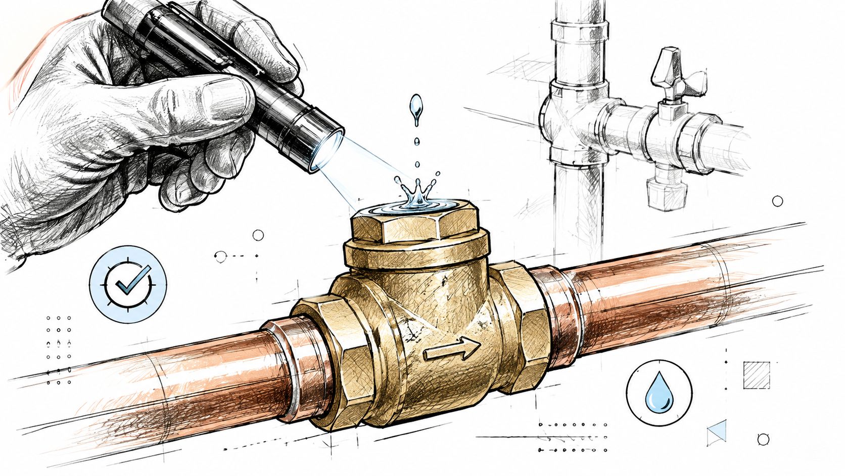 A detailed technical sketch showing a hand using a flashlight to inspect a brass pipe check valve.