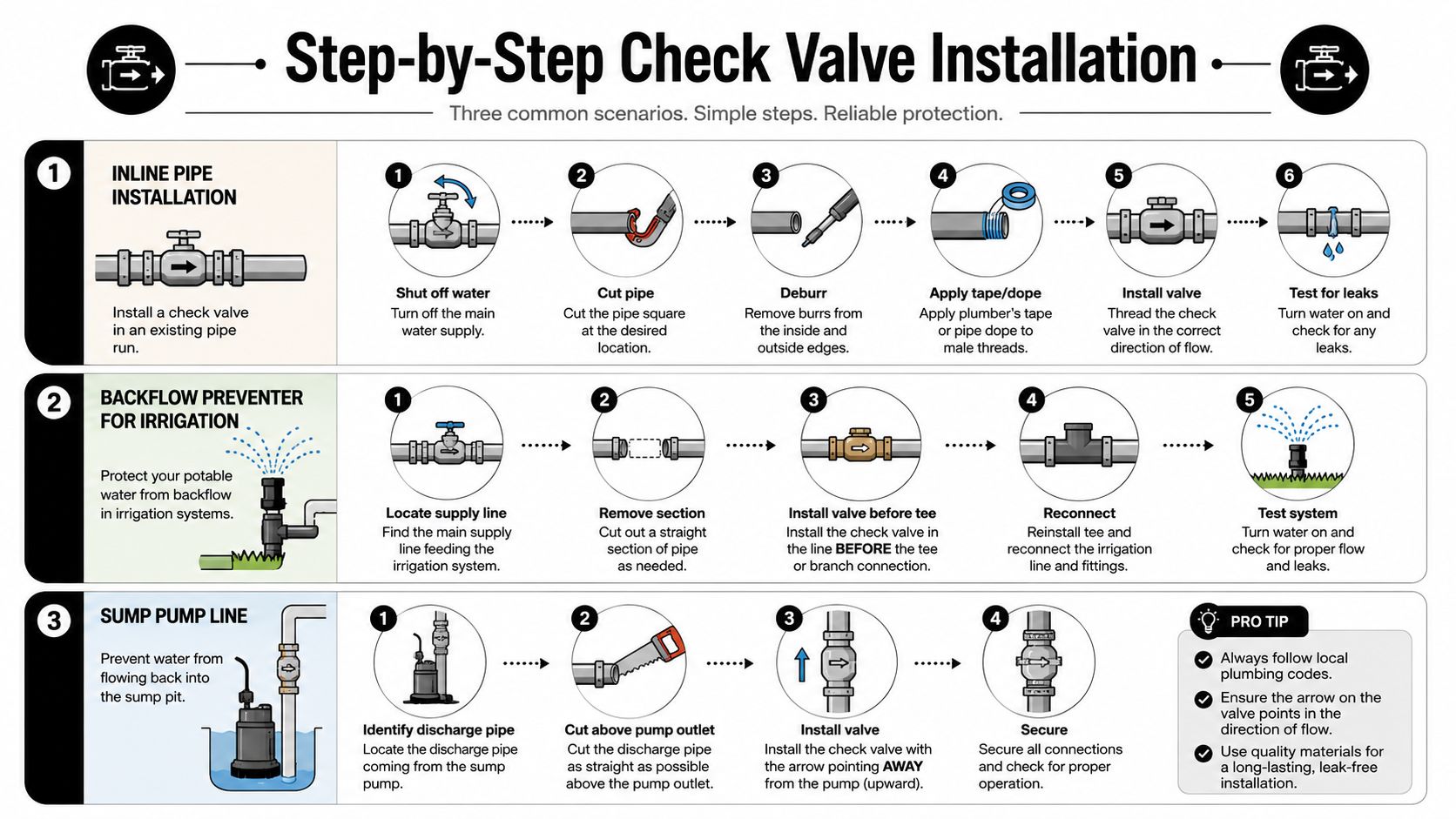 A detailed infographic showing step-by-step instructions for installing check valves in various home plumbing systems.