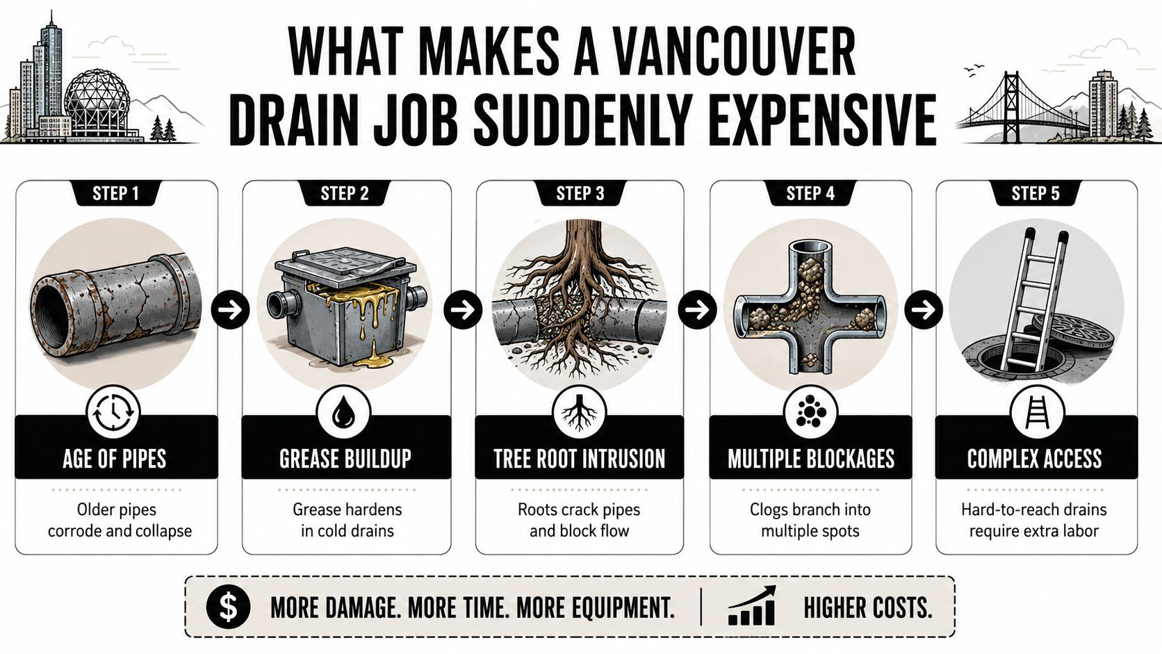 An infographic showing five reasons why drain cleaning services in Vancouver can become unexpectedly expensive.