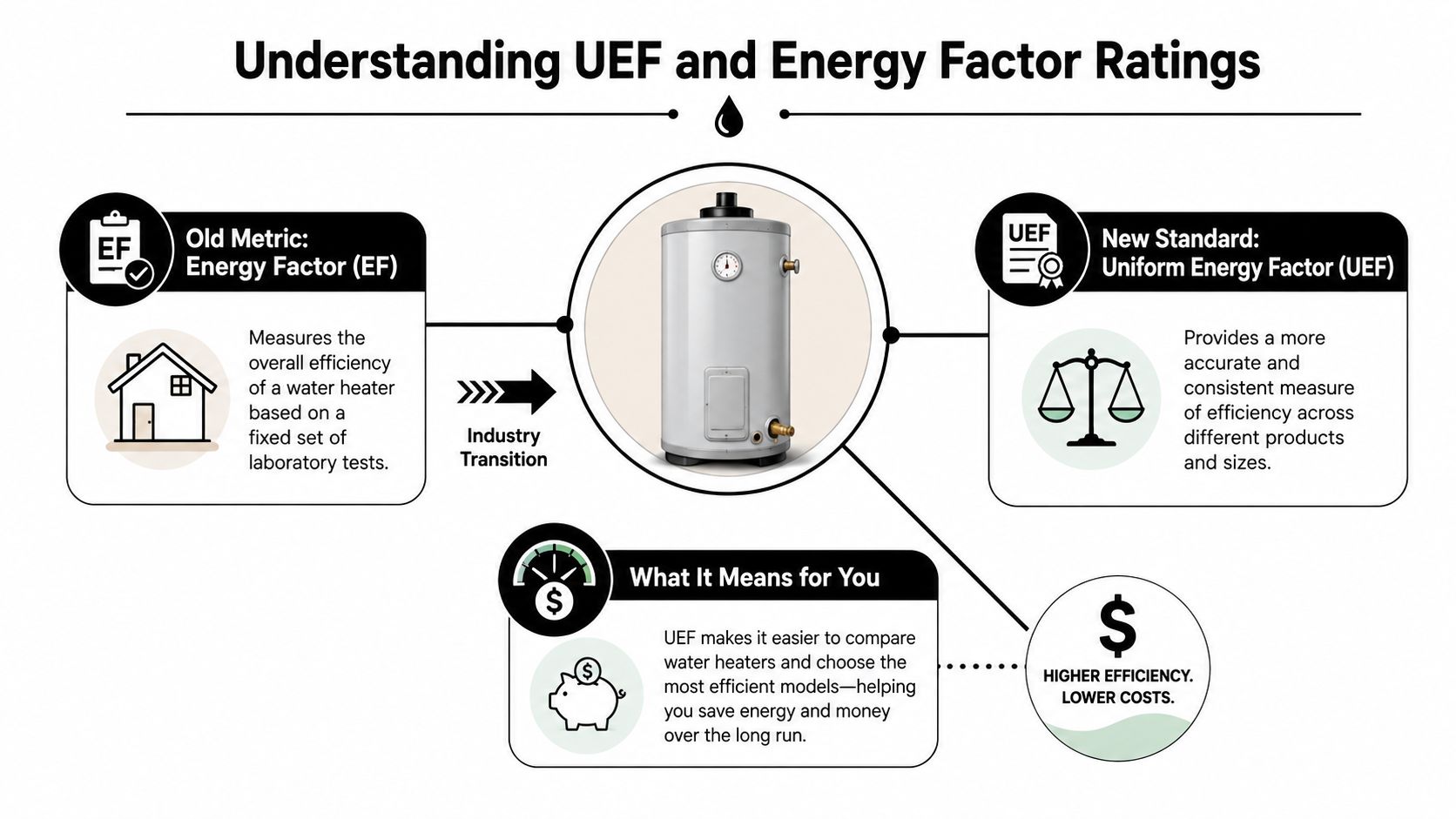 An infographic explaining the transition from the old Energy Factor rating to the new Uniform Energy Factor standard.