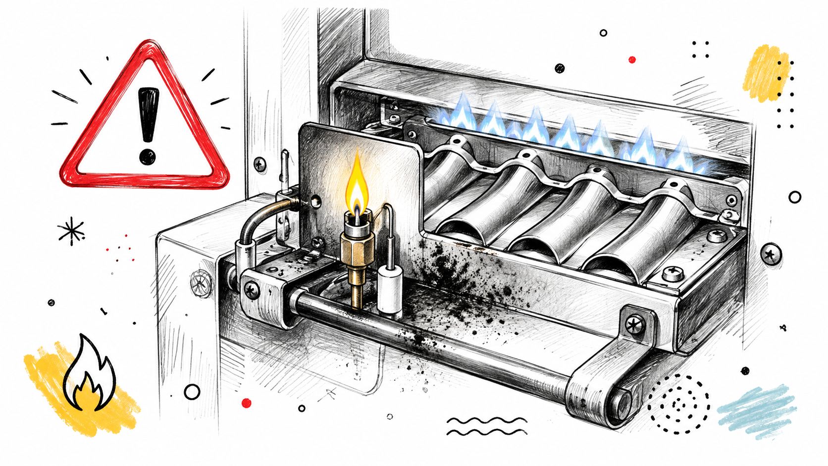 A detailed illustration of a gas furnace burner assembly showing the pilot light and burning gas jets.