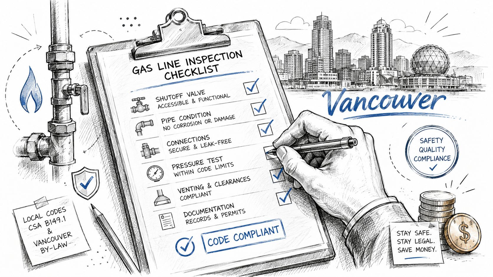 A hand filling out a gas line inspection checklist document against a backdrop of the Vancouver city skyline.