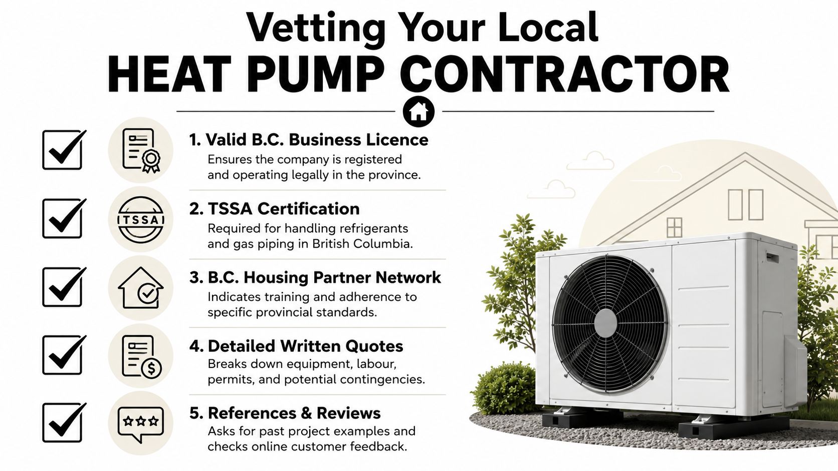 A checklist for vetting a local heat pump contractor in British Columbia with five essential steps.