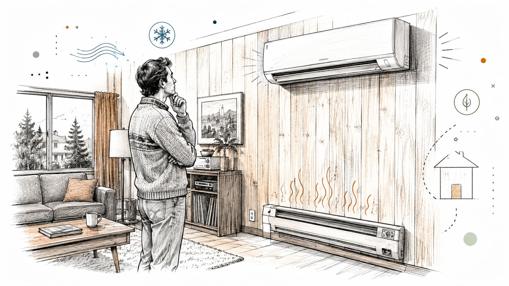 A man in a living room considering a split-system heat pump for home heating and cooling