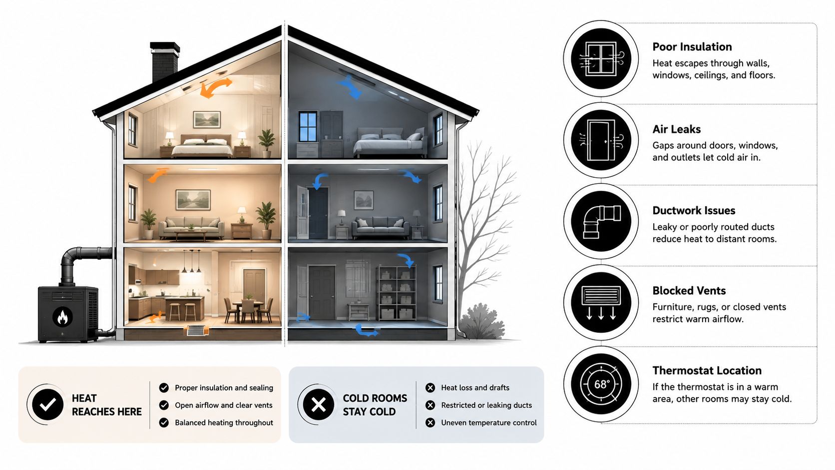 A diagram comparing a heated house with even temperature against a cold house with common heating system issues.
