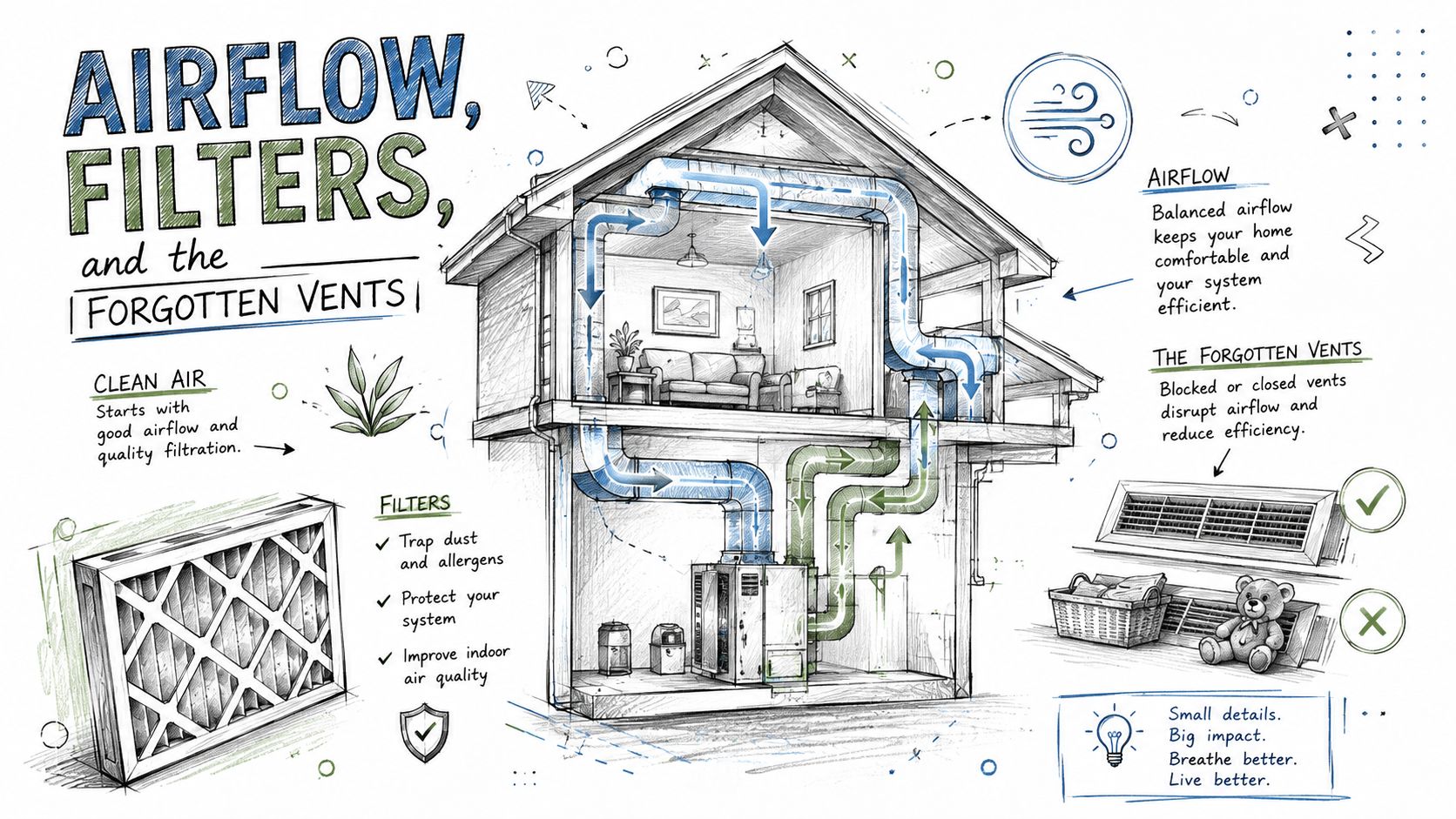 An illustrated diagram of a home HVAC system showing airflow, air filters, and the importance of open vents.