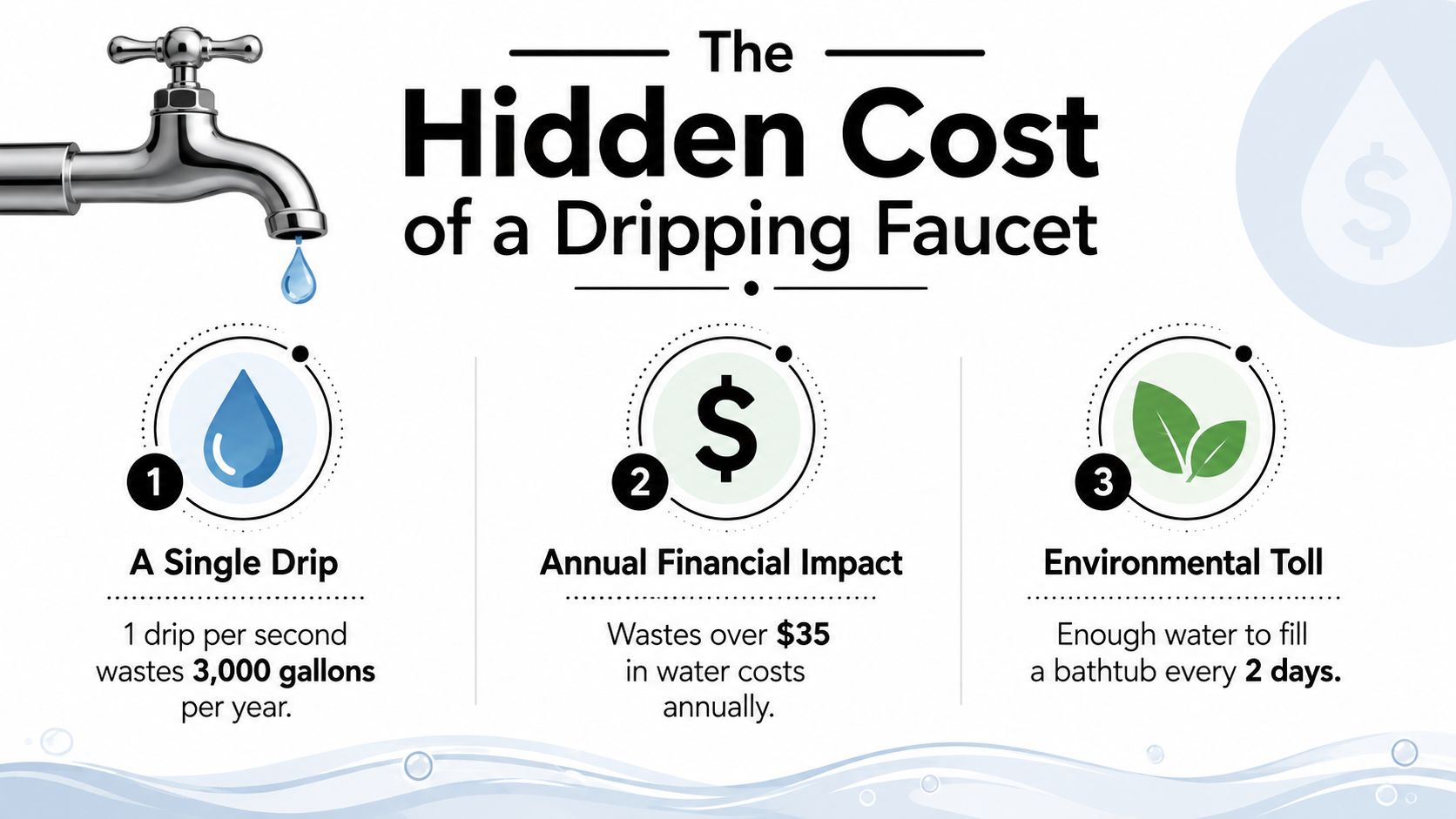 An infographic detailing the environmental and financial costs of a water faucet dripping one drop per second.