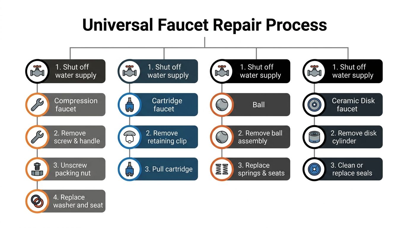 A diagram illustrating the step-by-step repair process for four different types of residential water faucets.