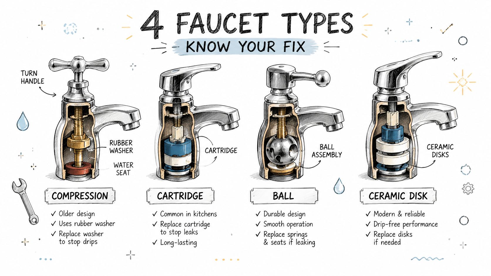 A diagram illustrating the four common types of faucets including compression, cartridge, ball, and ceramic disk designs.