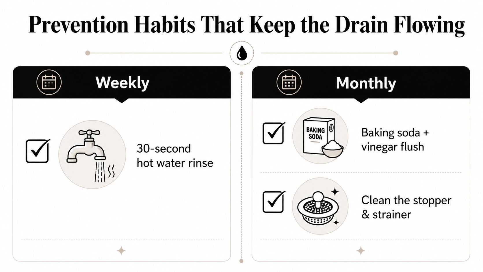An infographic showing weekly and monthly prevention tips to maintain clear and free flowing home drains.