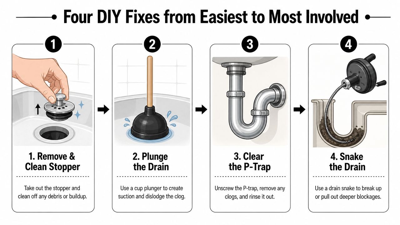 An infographic showing four steps to fix a slow sink drain, ranging from simple cleaning to snaking.