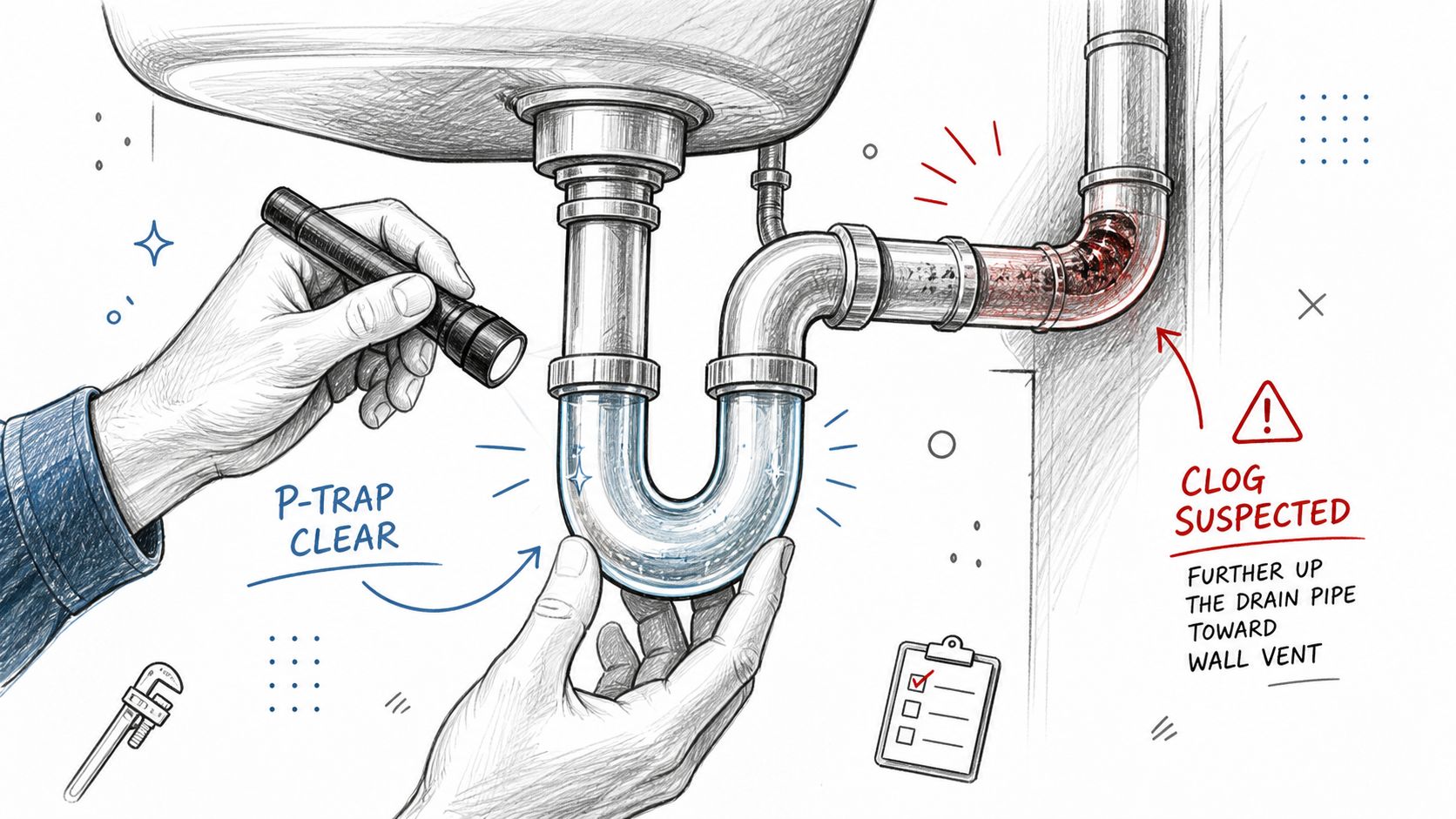 A hand examines a clear sink P-trap with a flashlight while suspecting a clog in the pipe.
