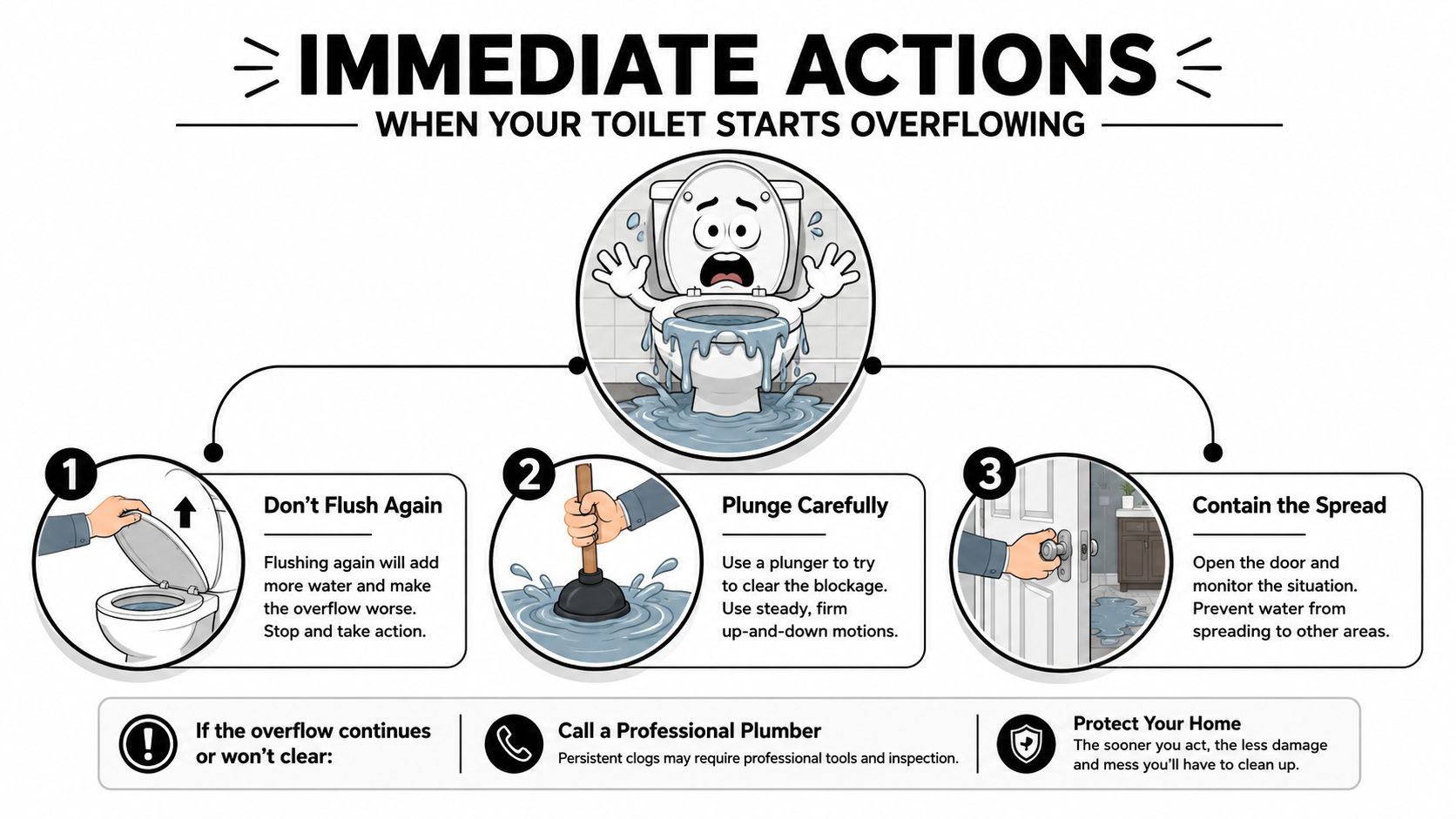 An infographic showing three steps to stop a toilet from overflowing including not flushing, plunging, and containing water.