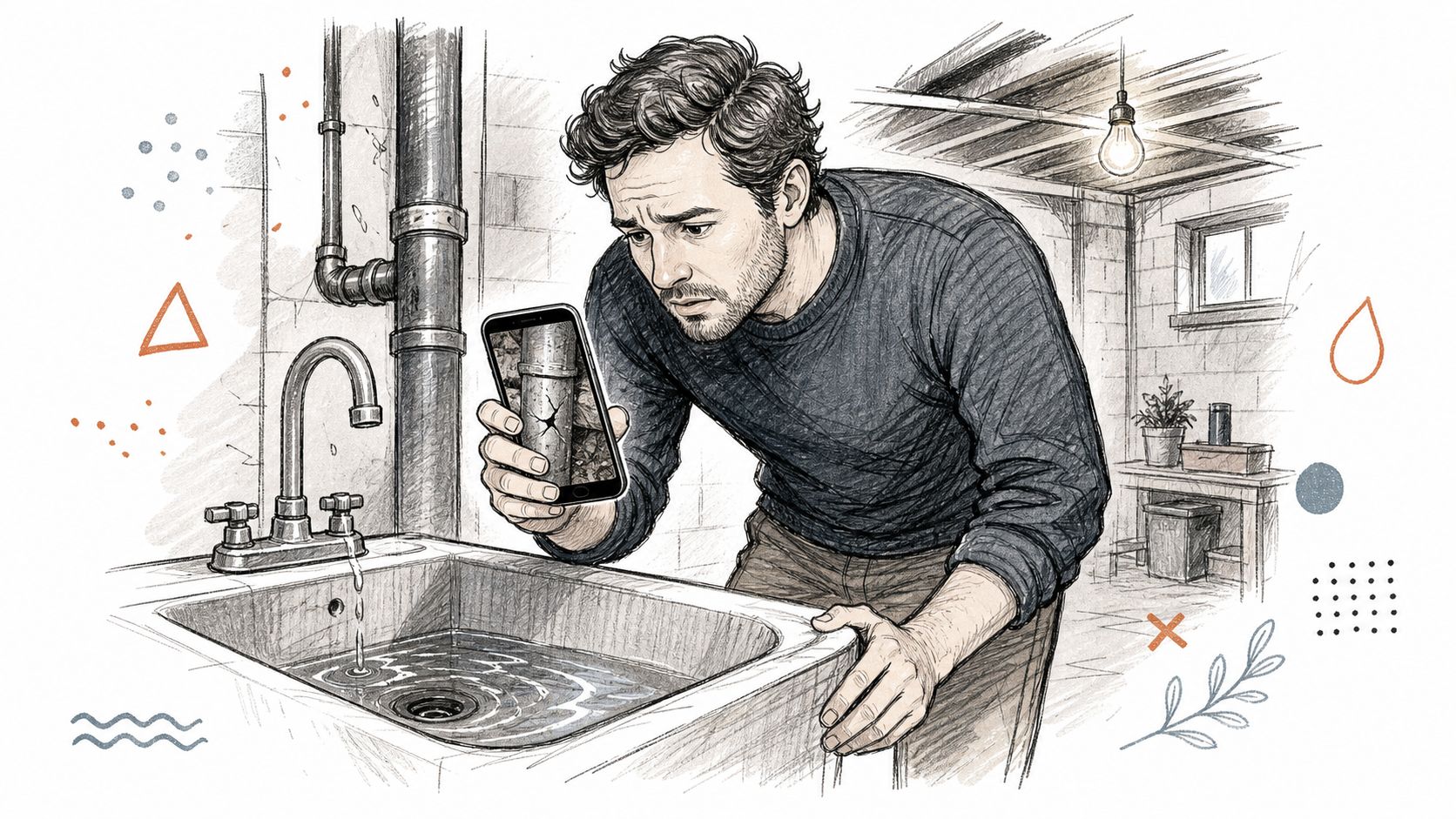 A man uses a digital inspection camera on his smartphone to examine a cracked pipe near a sink.