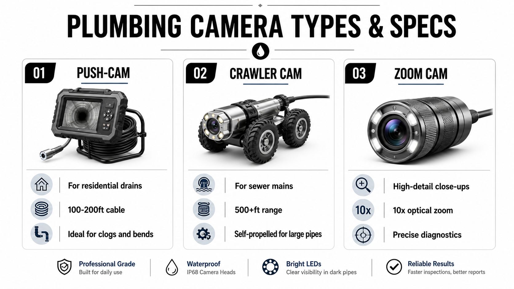 An infographic showing types of plumbing inspection cameras including push, crawler, and zoom models with their specifications.