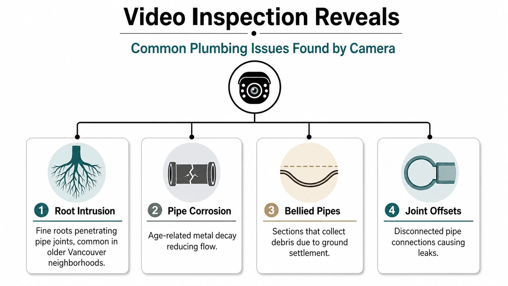 An infographic detailing four common plumbing issues discovered during a professional video pipe inspection service.