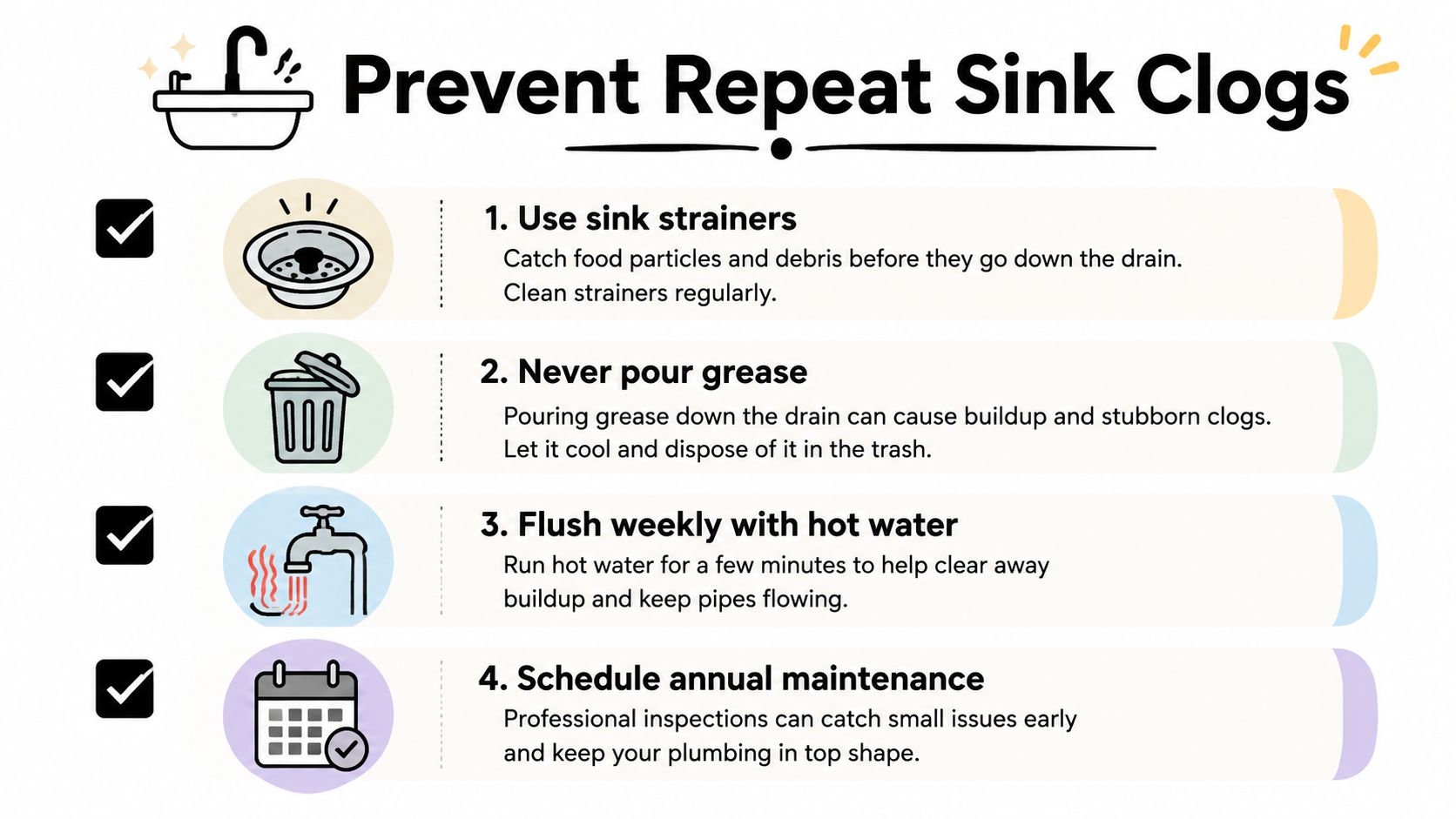 A helpful infographic outlining four essential tips to prevent repeated kitchen sink clogs and plumbing issues.