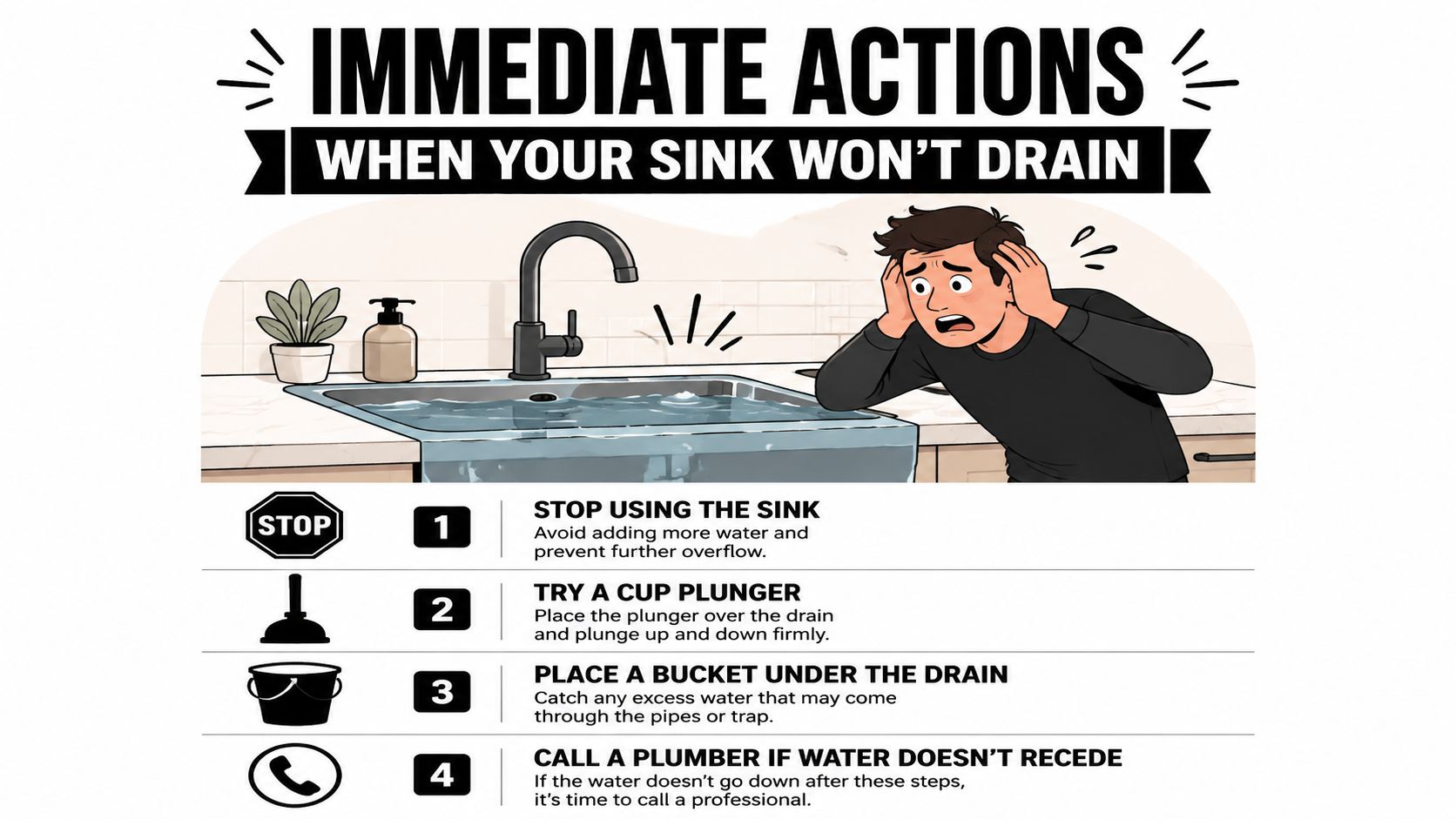 An instructional graphic showing four immediate steps to take when a kitchen sink becomes clogged and overflows.