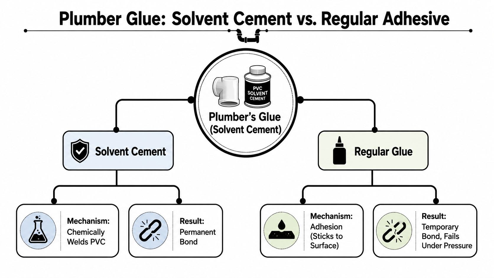 A diagram comparing plumber solvent cement and regular adhesive, highlighting their differing chemical mechanisms and bond results.
