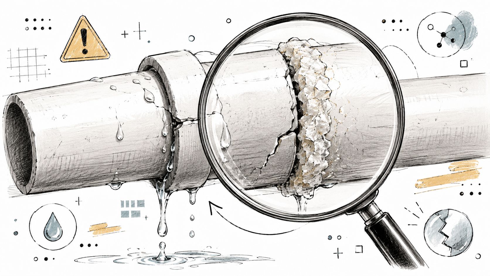 A close-up illustration of a leaking pipe being examined with a magnifying glass showing mineral buildup.