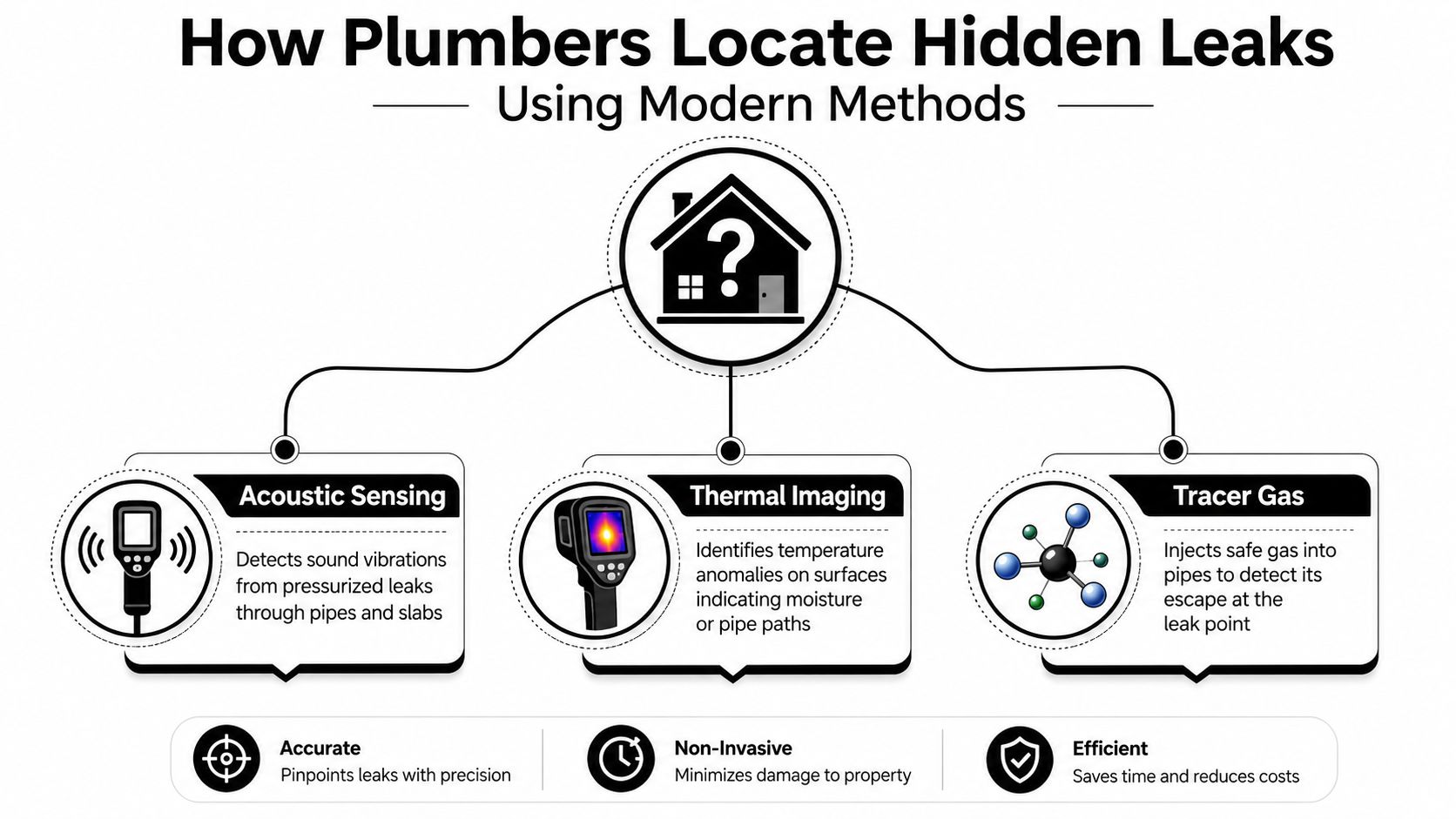 A diagram explaining how plumbers use acoustic sensing, thermal imaging, and tracer gas to locate hidden leaks.