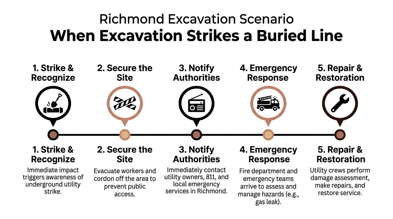 A five-step safety infographic illustrating the necessary procedures to take if an excavation hits a buried utility line.