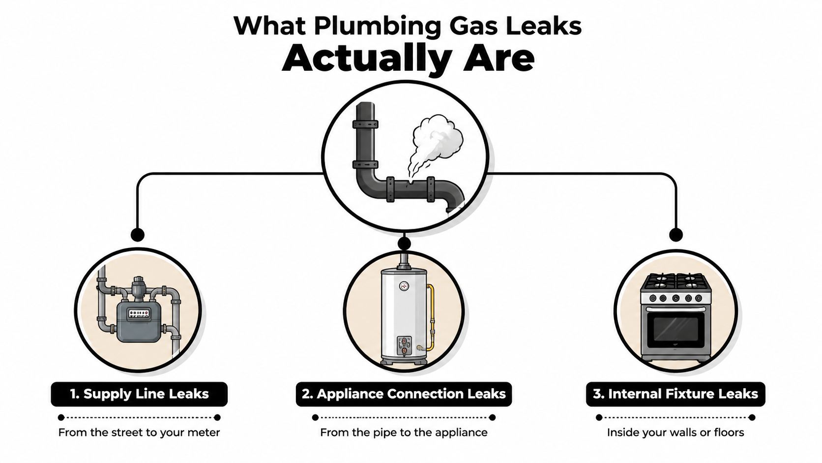 A diagram illustrating three types of plumbing gas leaks including supply lines, appliance connections, and internal fixtures.