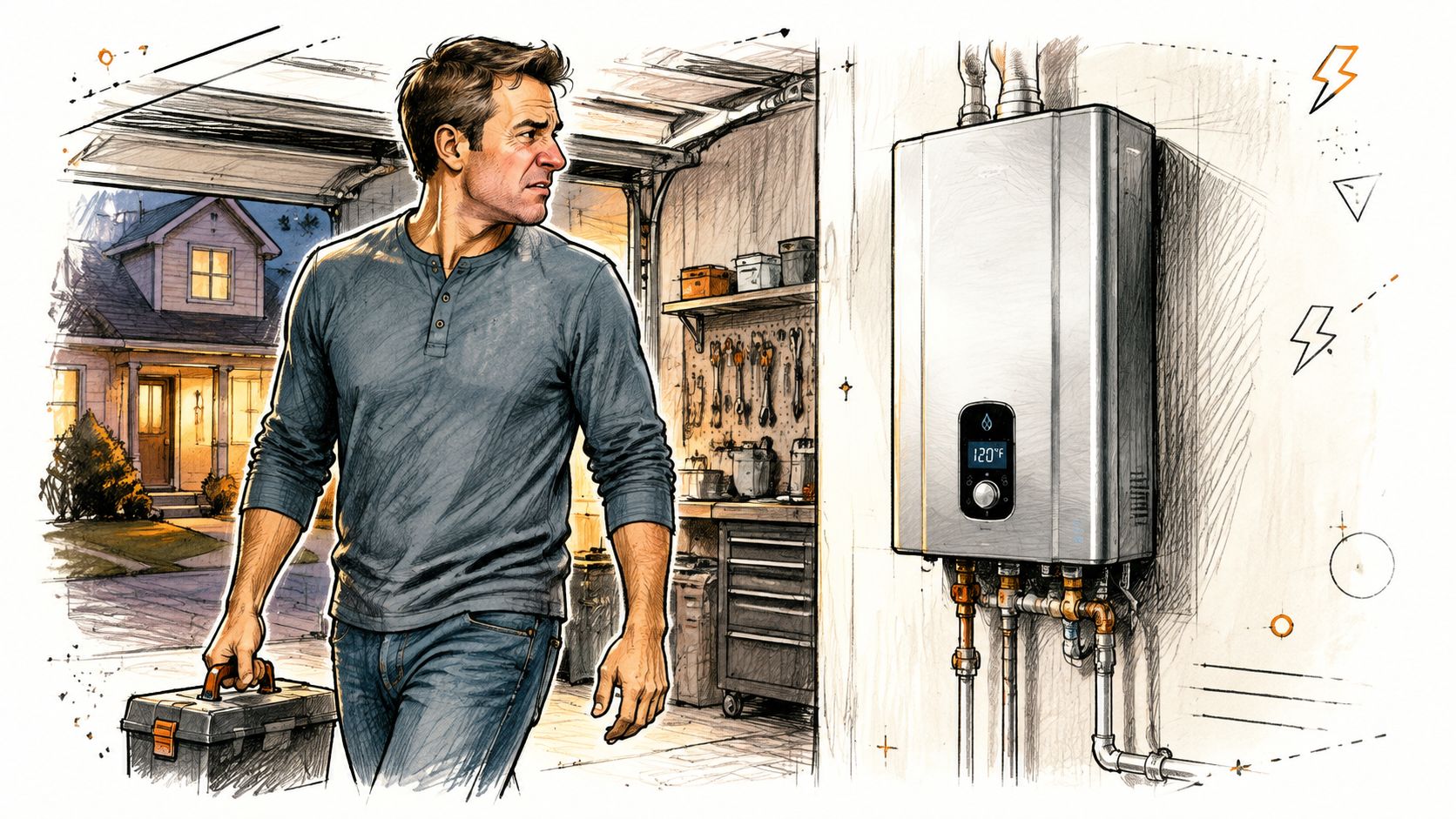 A professional technician with a toolbox checks a modern tankless water heater installed in a residential garage.