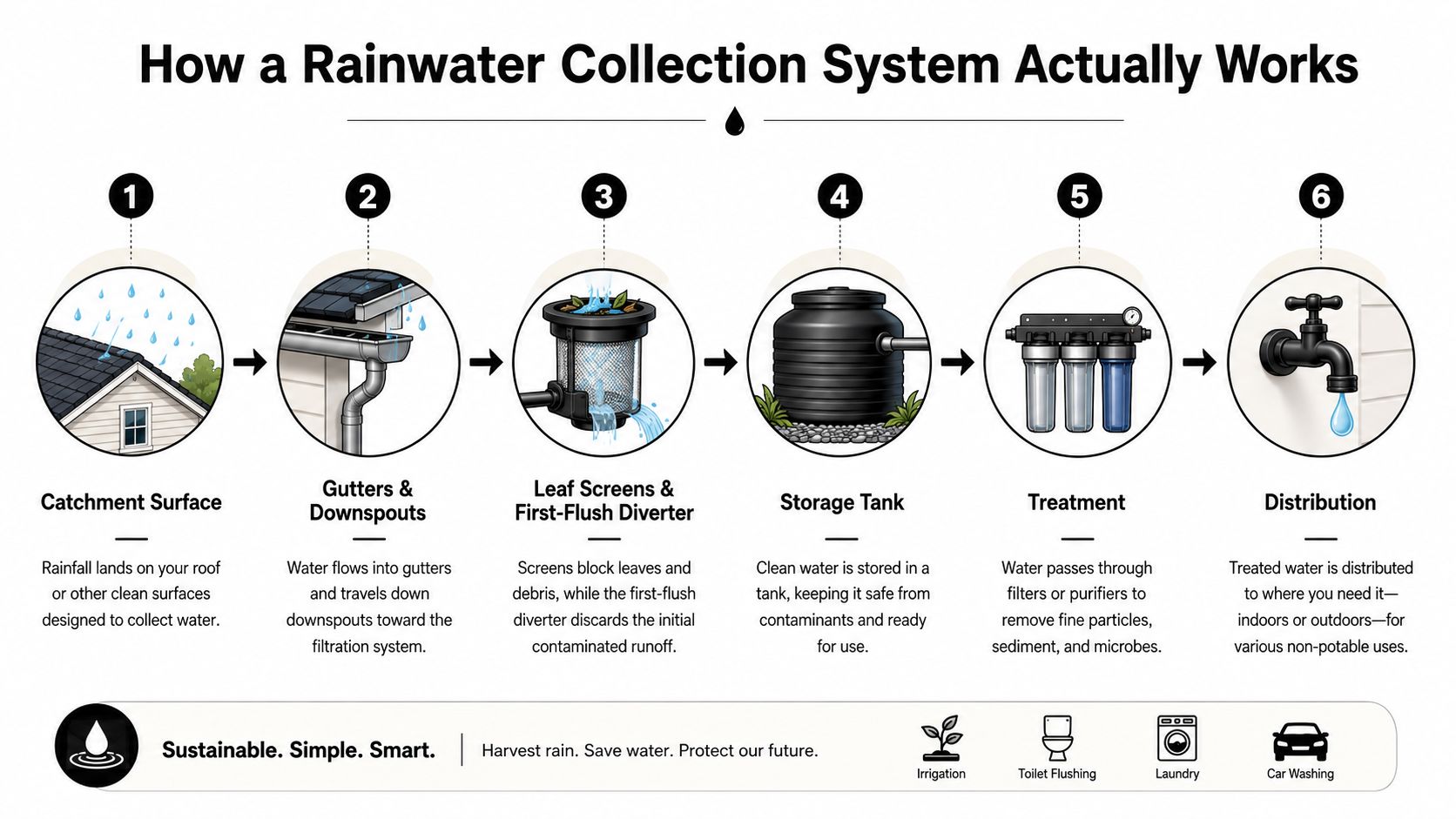 A six-step infographic illustrating the process of a residential rainwater collection system for sustainable water use.