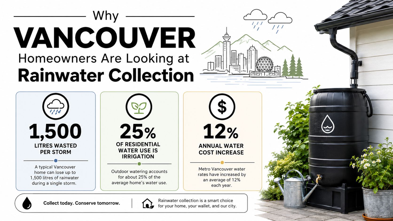 An infographic highlighting the benefits of rainwater collection systems for homeowners in Vancouver, Canada.