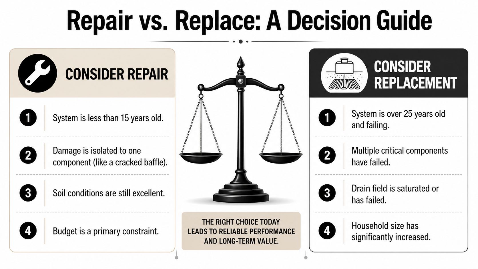 A decision guide weighing the factors for septic system repair versus full system replacement.