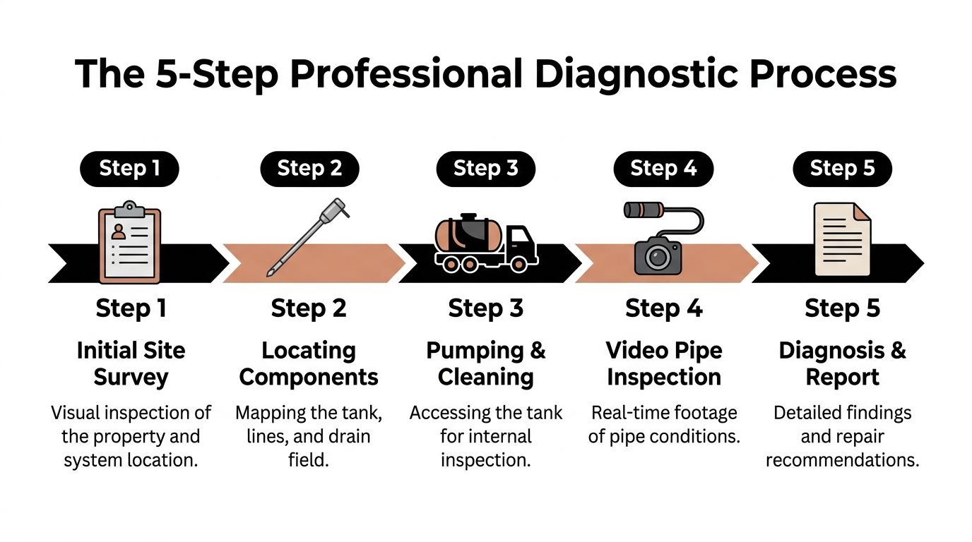 An infographic detailing the five-step professional diagnostic process for inspecting and repairing septic tank systems.