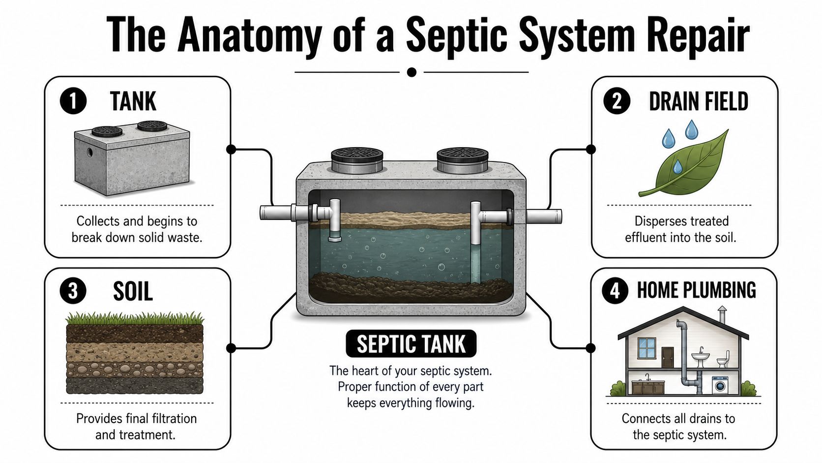 An infographic detailing the four key components of a septic system repair process including tank, soil, and plumbing.