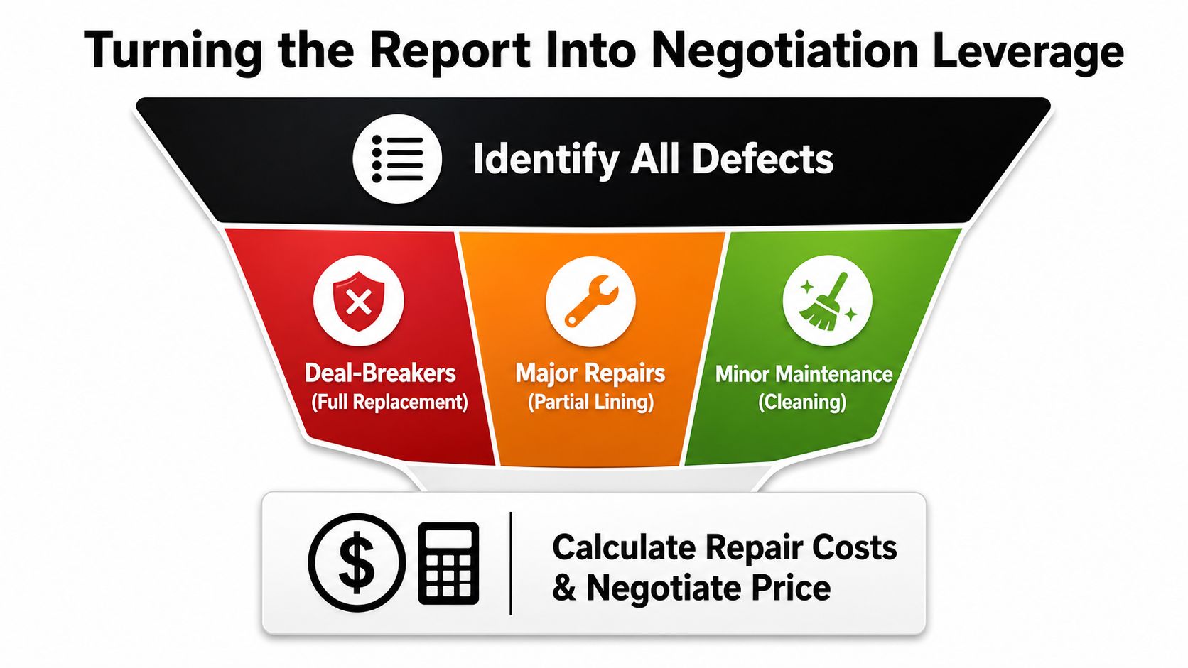 A funnel diagram explaining how to use a sewer inspection report for negotiation during home purchasing.
