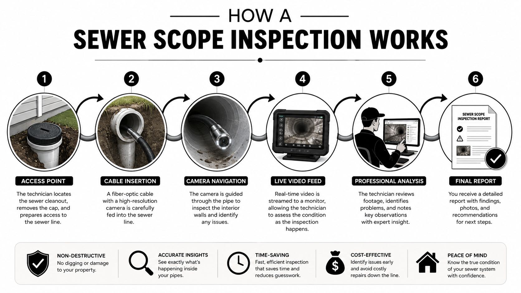 A step-by-step infographic illustrating how a professional sewer scope inspection works from access to final report.