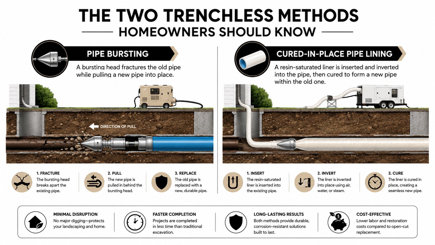 A diagram comparing two trenchless plumbing methods: pipe bursting and cured-in-place pipe lining for sewer replacement.