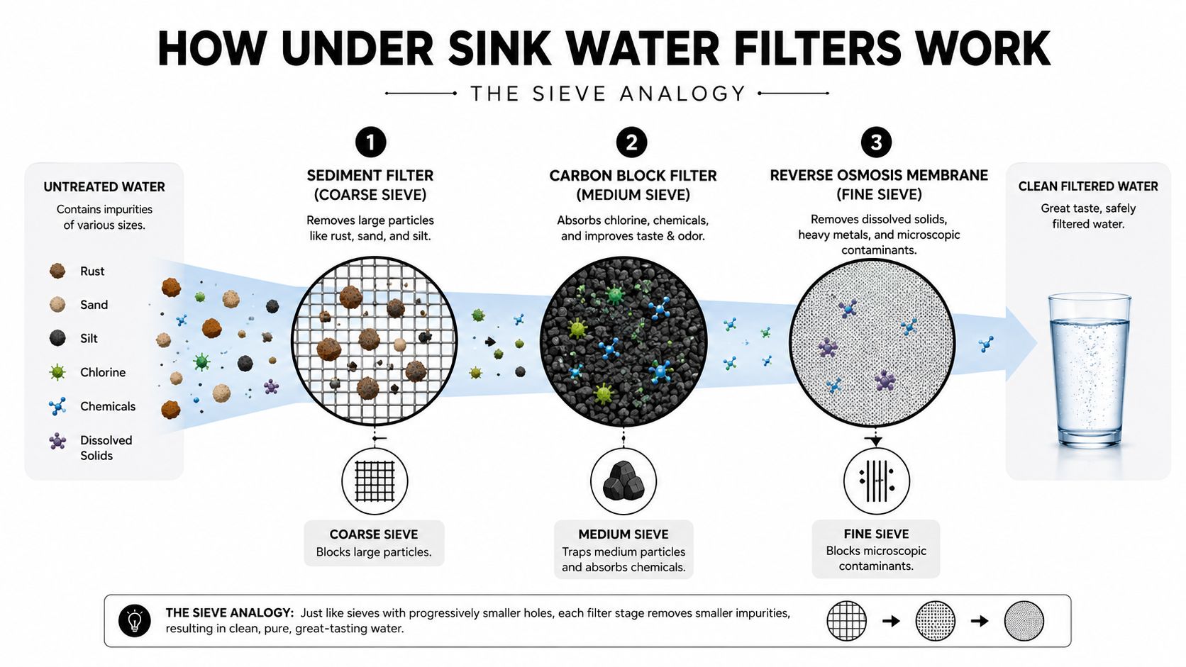 A diagram illustrating how under sink water filters work using a three-stage sieve analogy for purification.