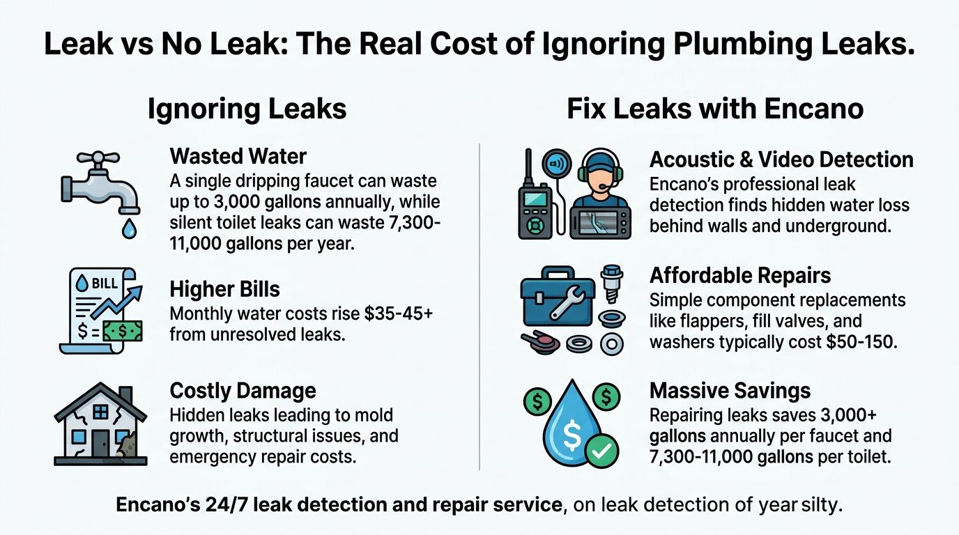 A comparison infographic showing the consequences of ignoring plumbing leaks versus the benefits of fixing them.