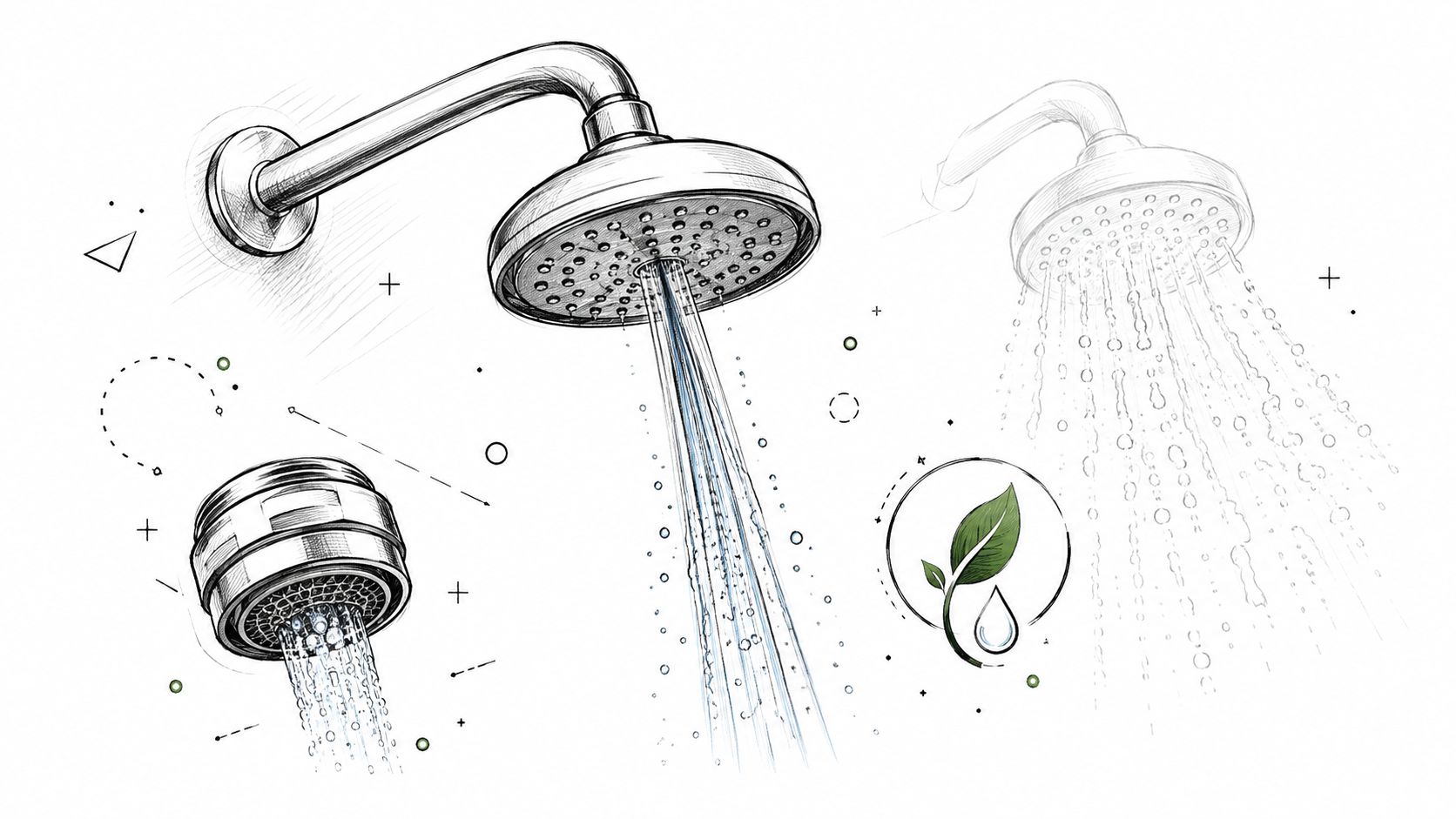 A line art sketch illustration showing a shower head and water-saving faucet aerator with a leaf icon.