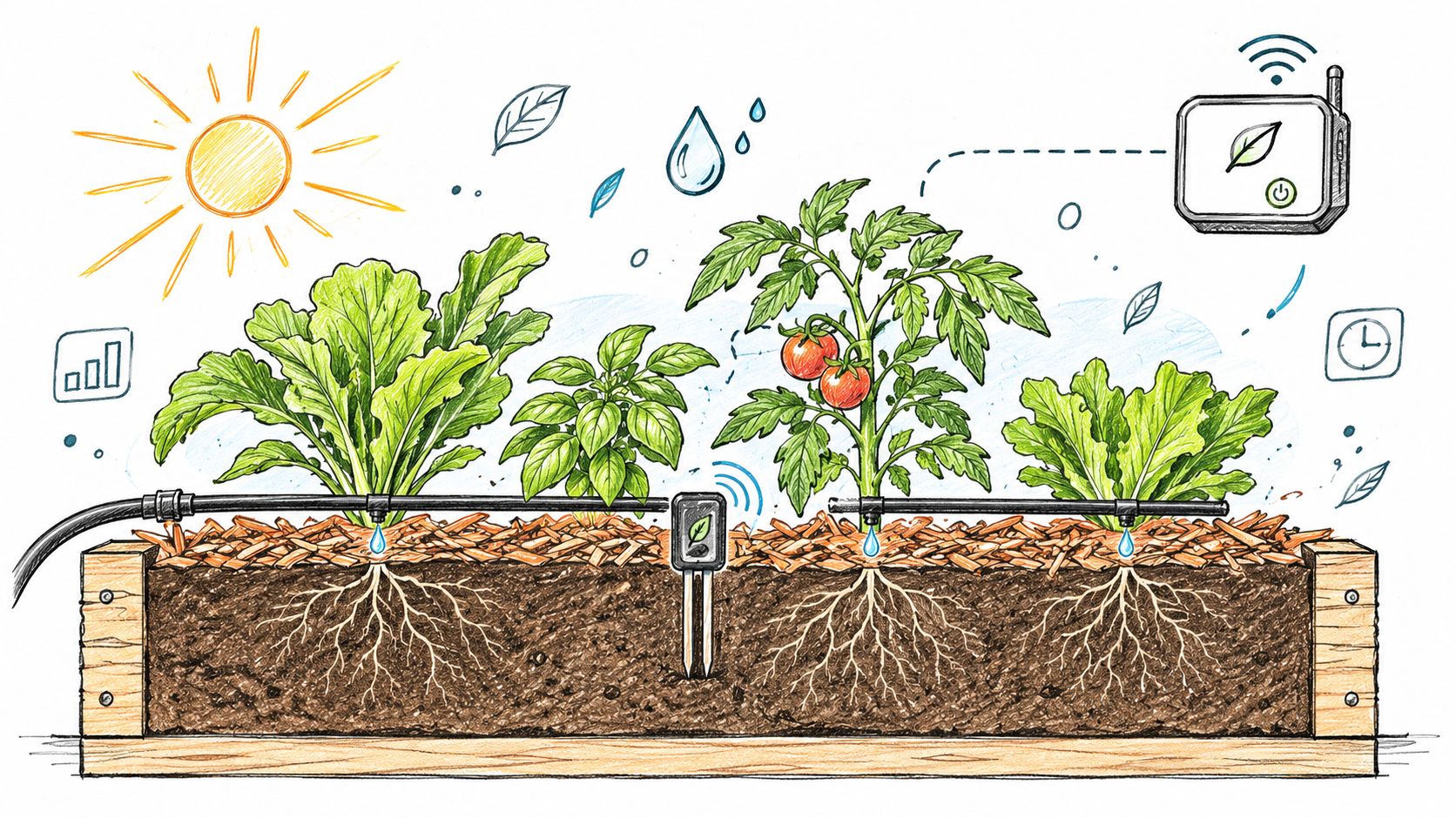 A hand-drawn illustration showing a smart irrigation system watering plants in a wooden garden bed.