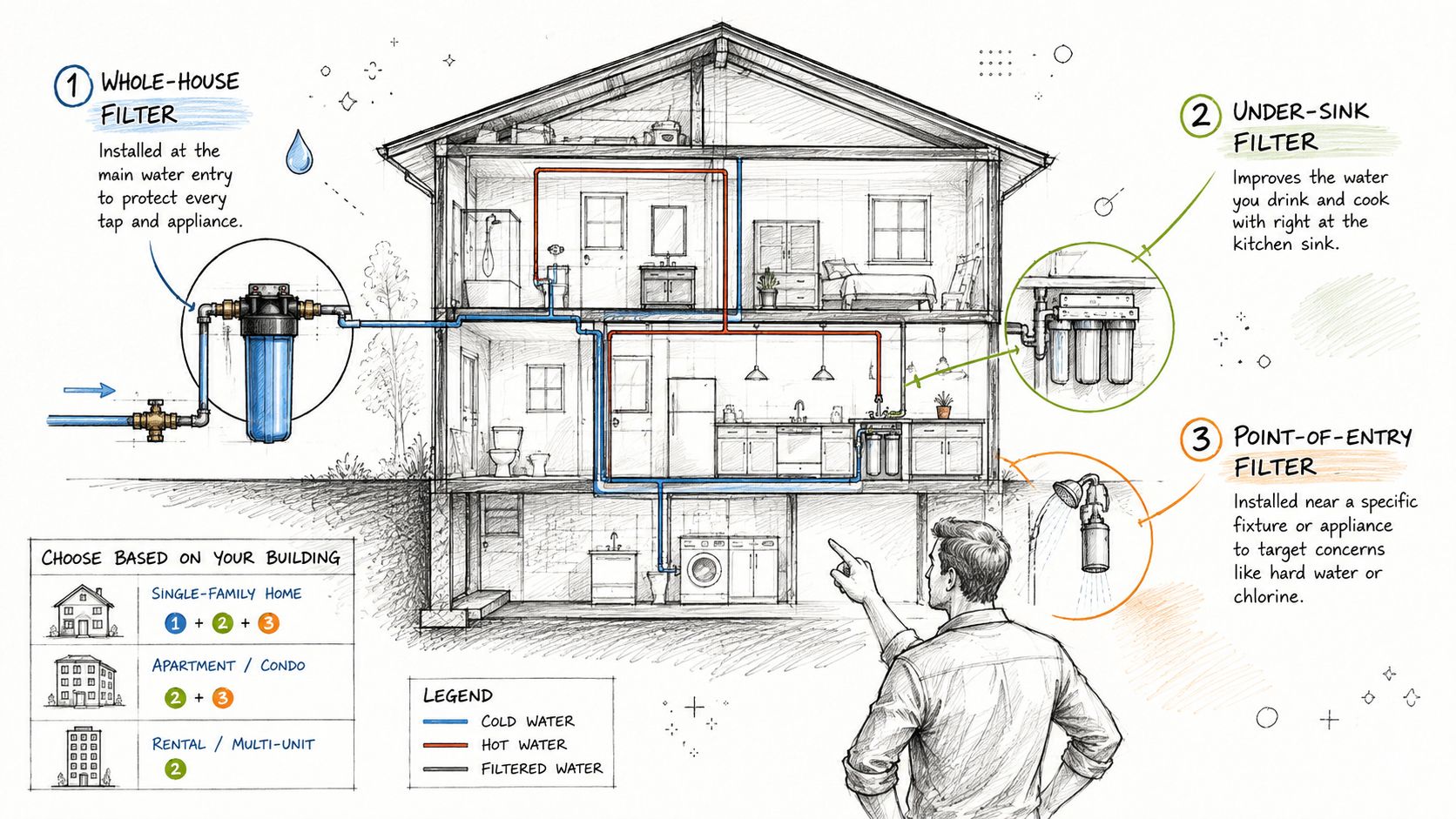 A diagram of a house showing different water filtration system installation types including whole-house, under-sink, and point-of-entry.