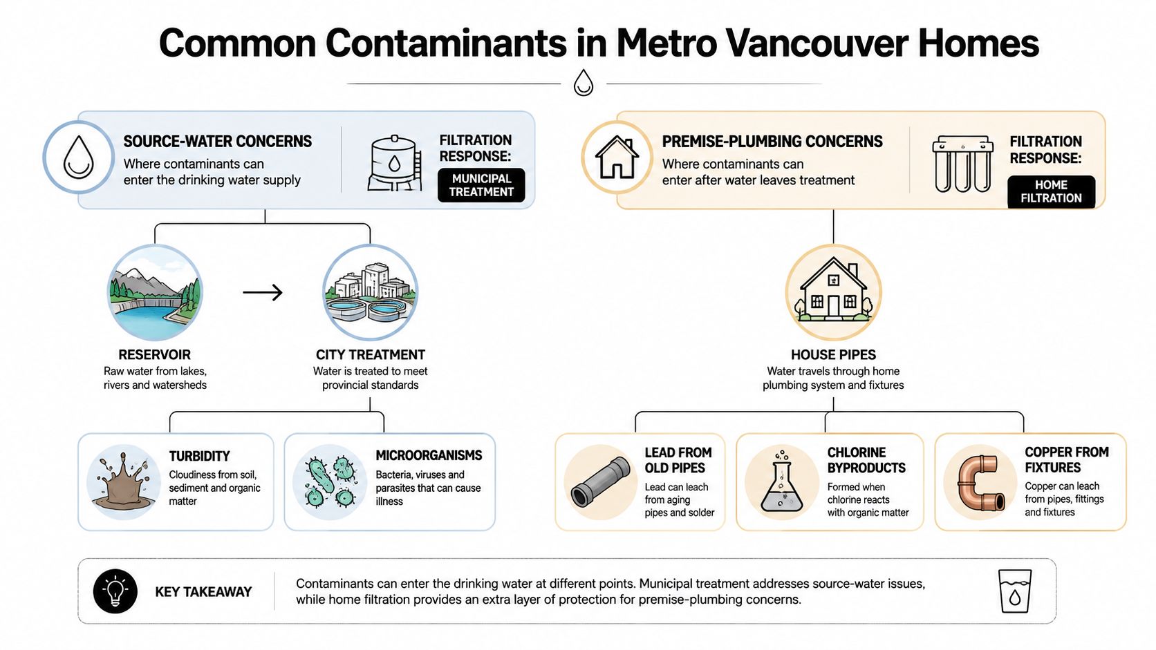 An infographic illustrating common water contaminants in Metro Vancouver homes and how municipal and home filtration systems work.