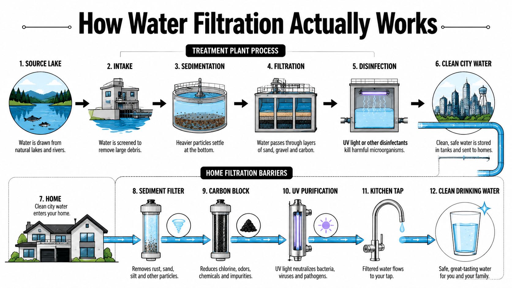 A diagram illustrating the step-by-step water filtration process from source treatment plants to home purification.