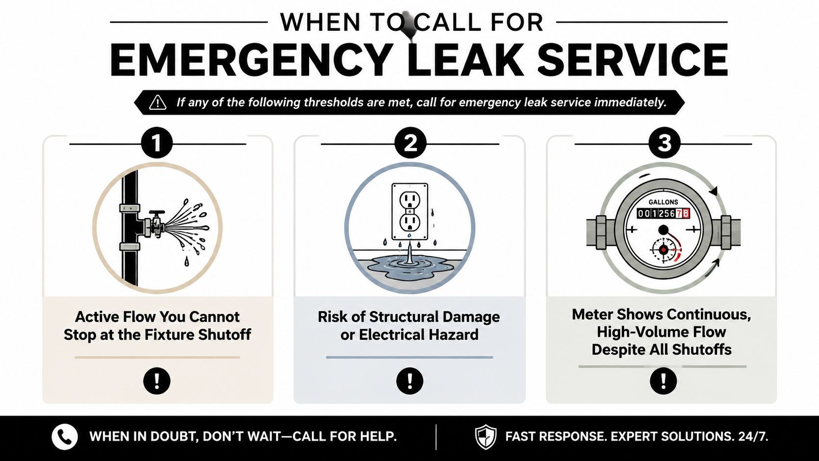 An infographic showing three conditions that require immediate professional emergency water leak service and repair.